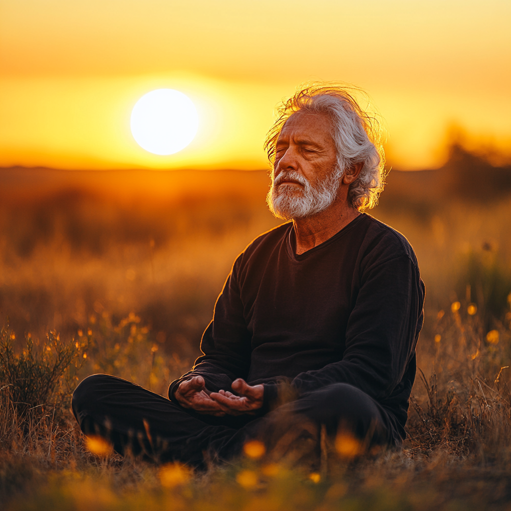 Людина медитує у позі лотоса в тихому місці на природі під час заходу сонця