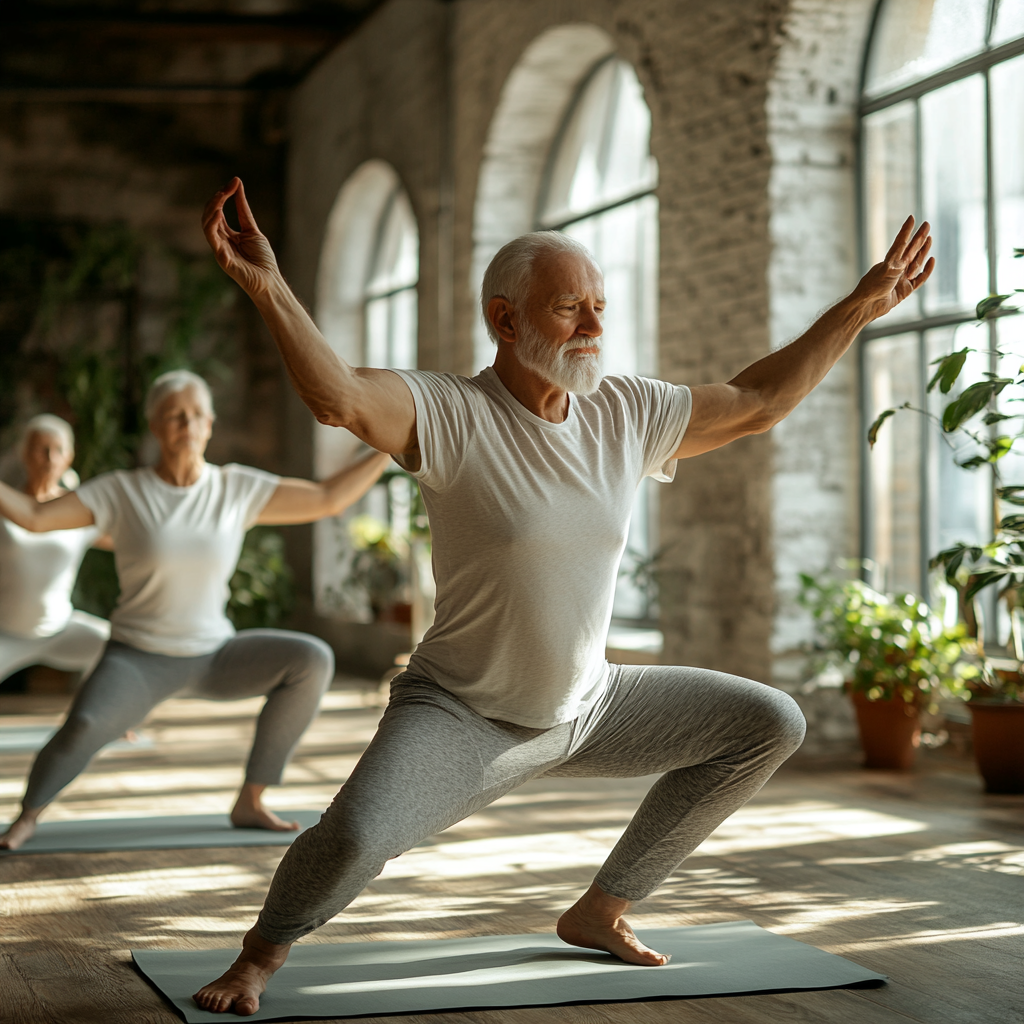 Група початківців виконує базові асани йоги в затишній студії з природним освітленням