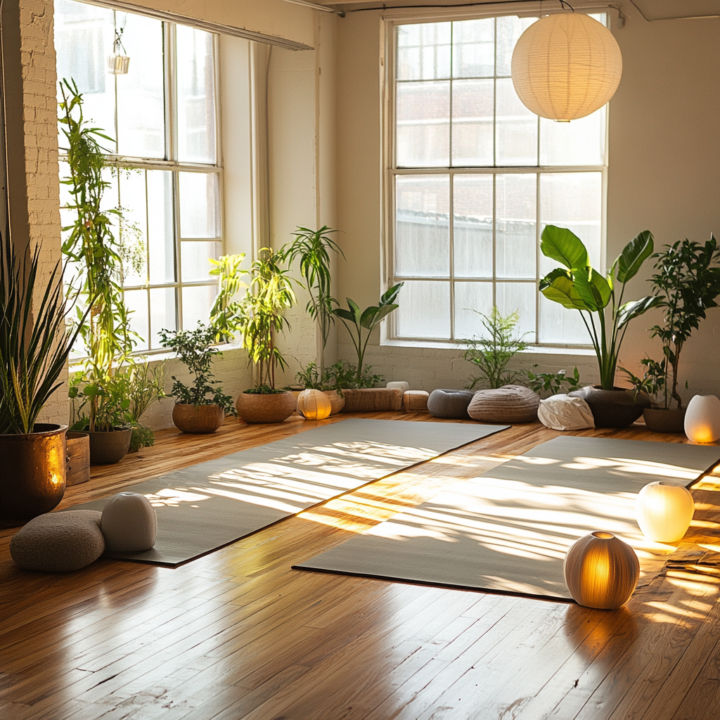 Затишна студія йоги з природним освітленням, рослинами та м'якими килимками для практики