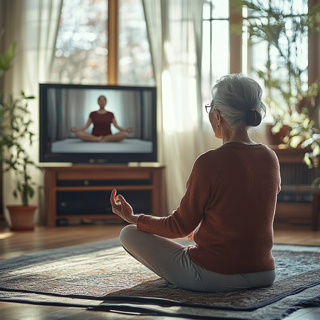 Студентка практикує йогу вдома, слідуючи онлайн-заняттю на планшеті
